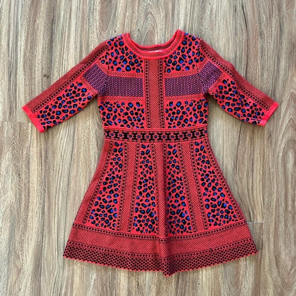GB Girls Red and Blue Cheetah Print Knit Dress with 3/4 Sleeves Size 5